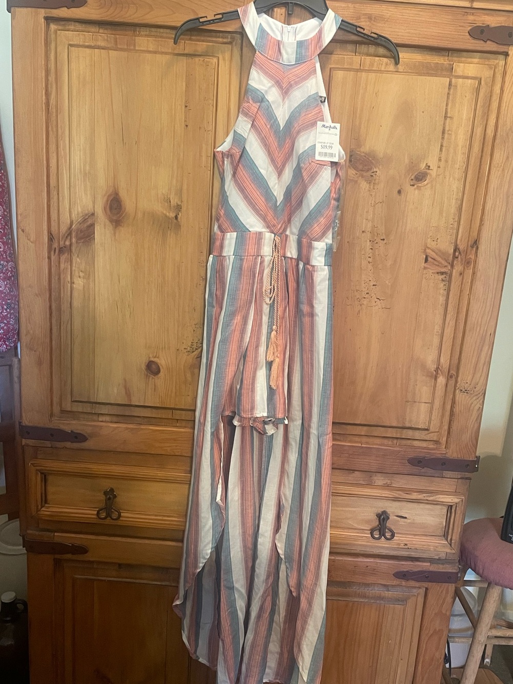 Marshalls Striped V-Neck Dress in Coral, Teal & White - Size 5